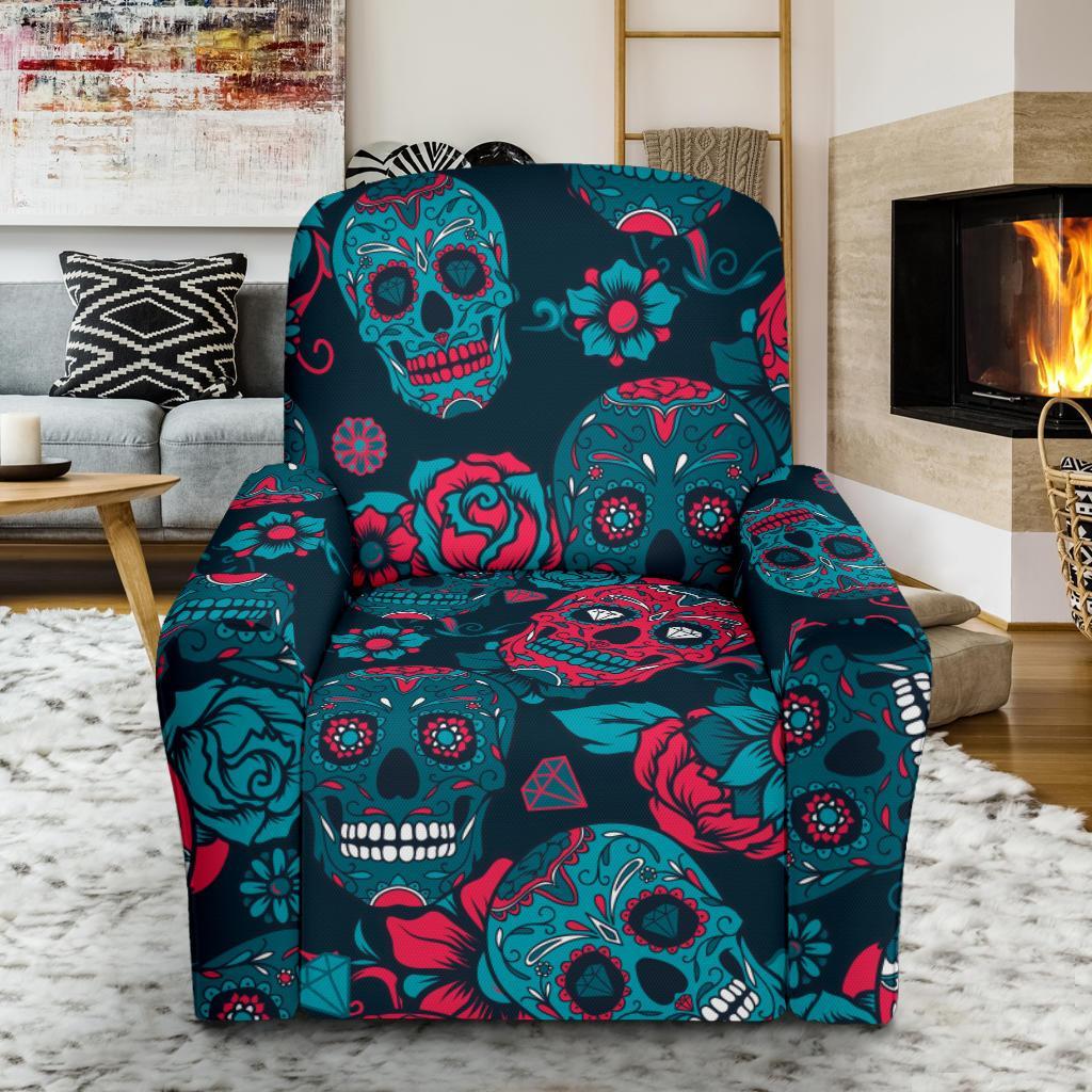 Floral Rose Sugar Skull Skeleton Girly Pattern Print Recliner Cover-grizzshop