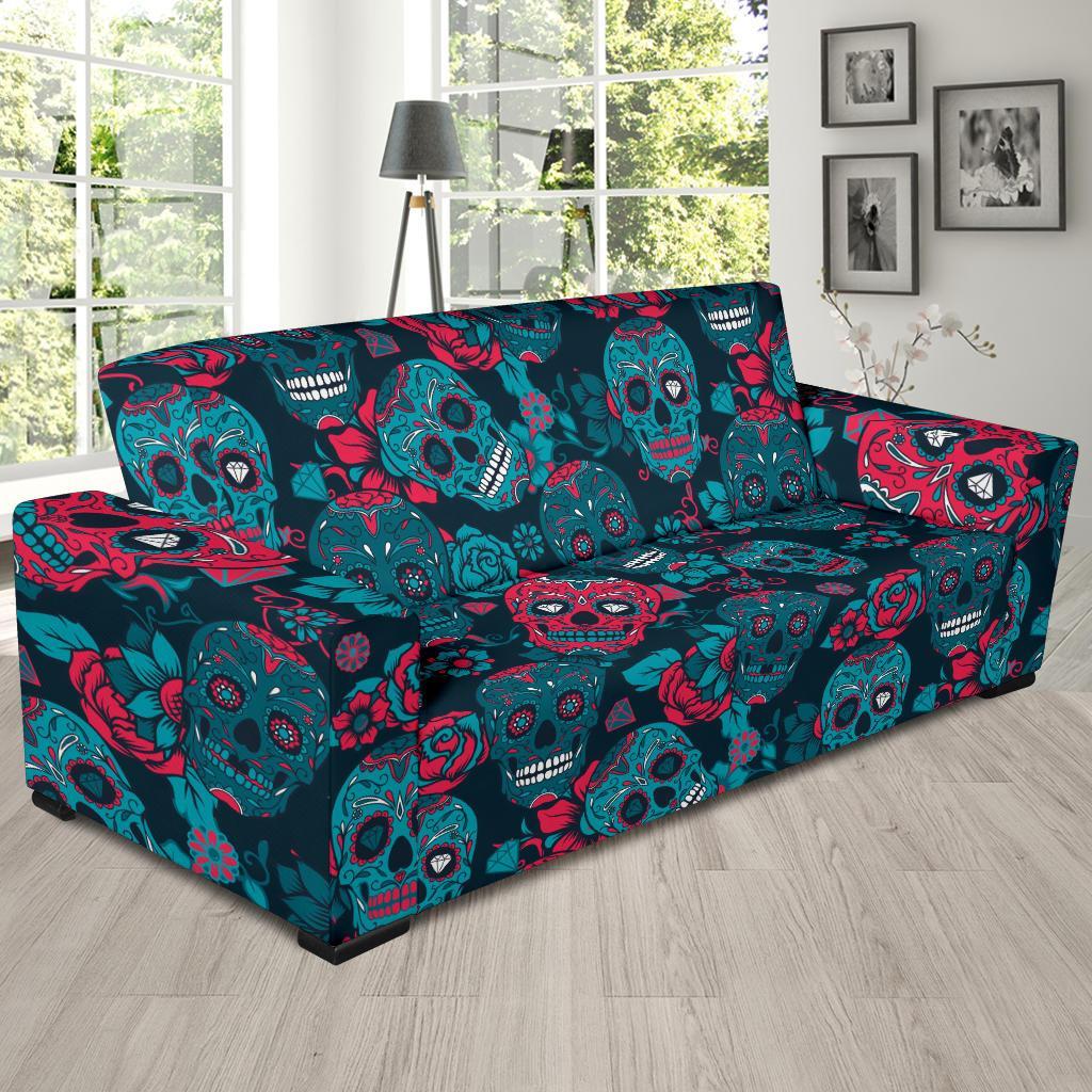 Floral Rose Sugar Skull Skeleton Girly Pattern Print Sofa Covers-grizzshop