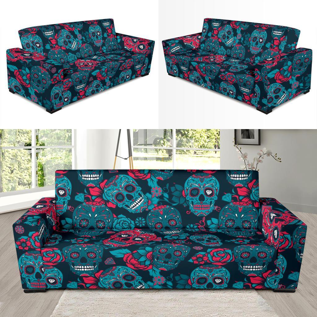 Floral Rose Sugar Skull Skeleton Girly Pattern Print Sofa Covers-grizzshop