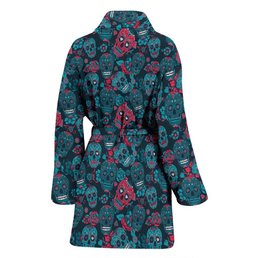 Floral Rose Sugar Skull Skeleton Girly Pattern Print Women Long Robe-grizzshop