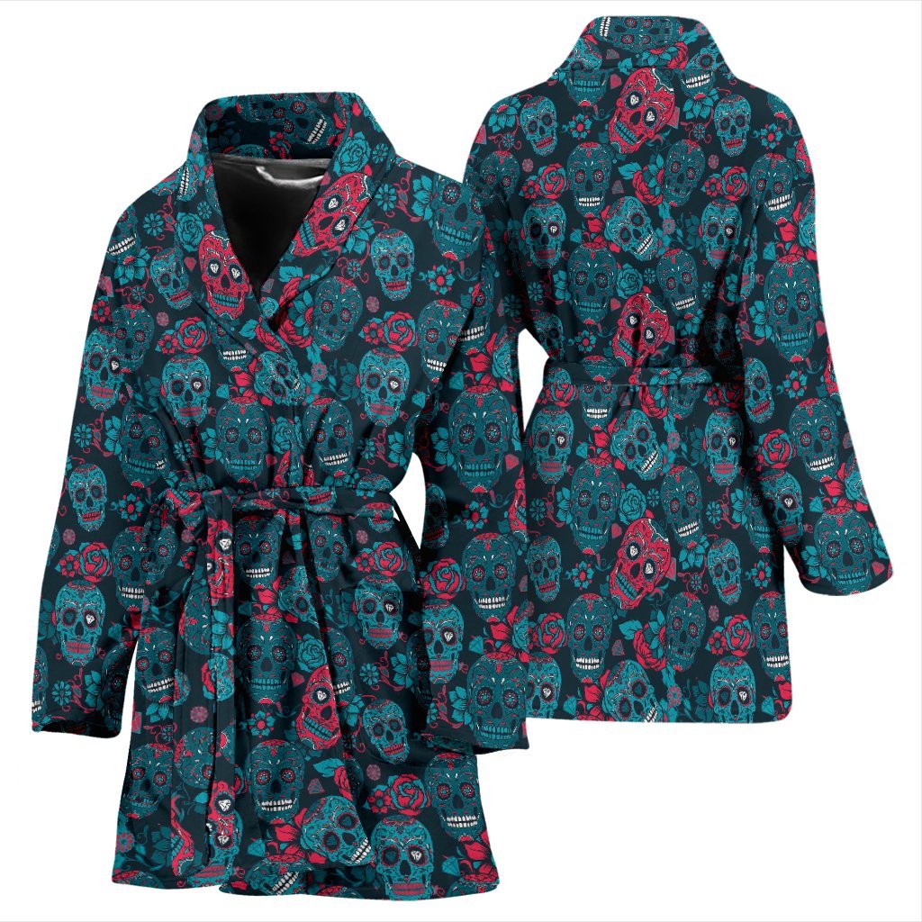 Floral Rose Sugar Skull Skeleton Girly Pattern Print Women Long Robe-grizzshop