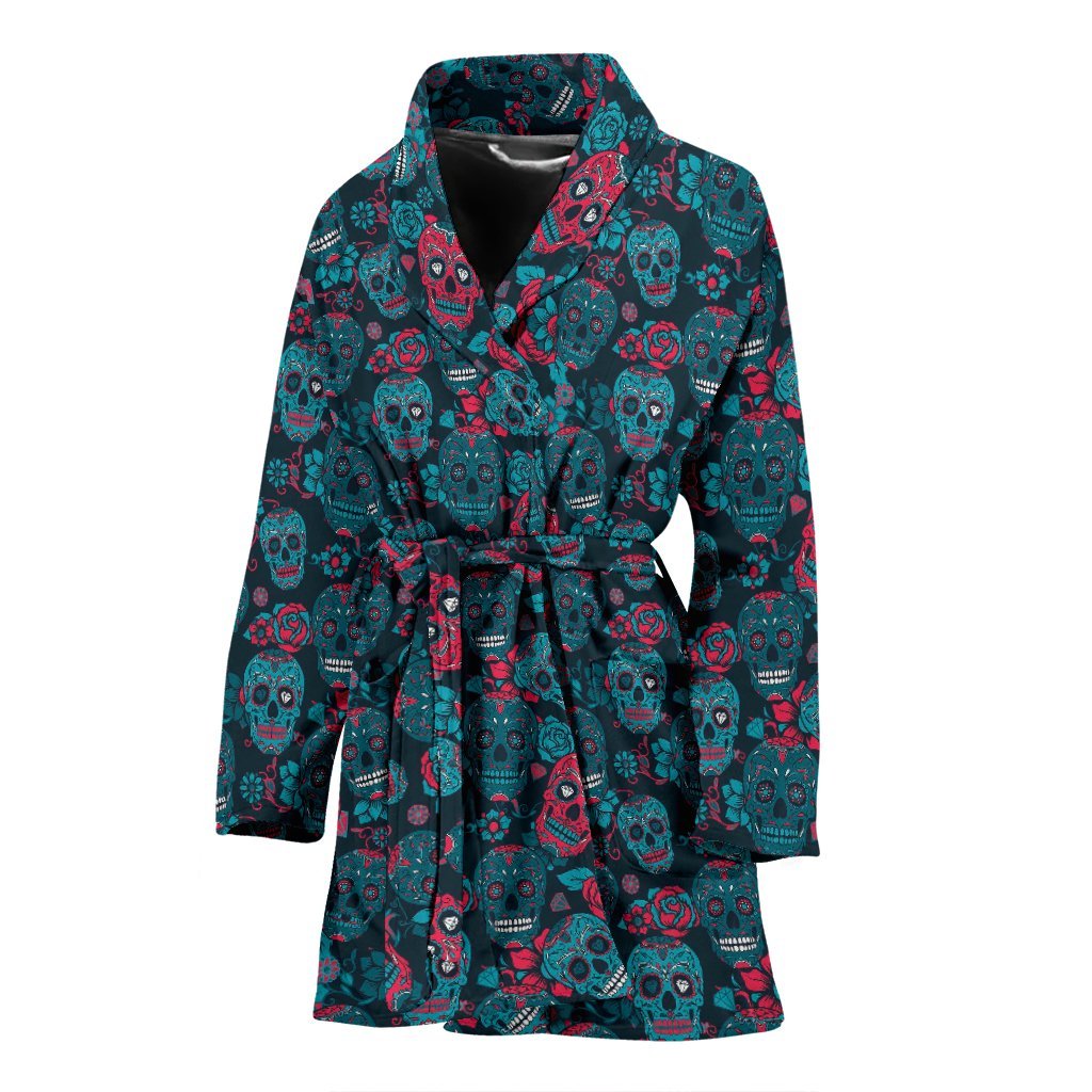 Floral Rose Sugar Skull Skeleton Girly Pattern Print Women Long Robe-grizzshop