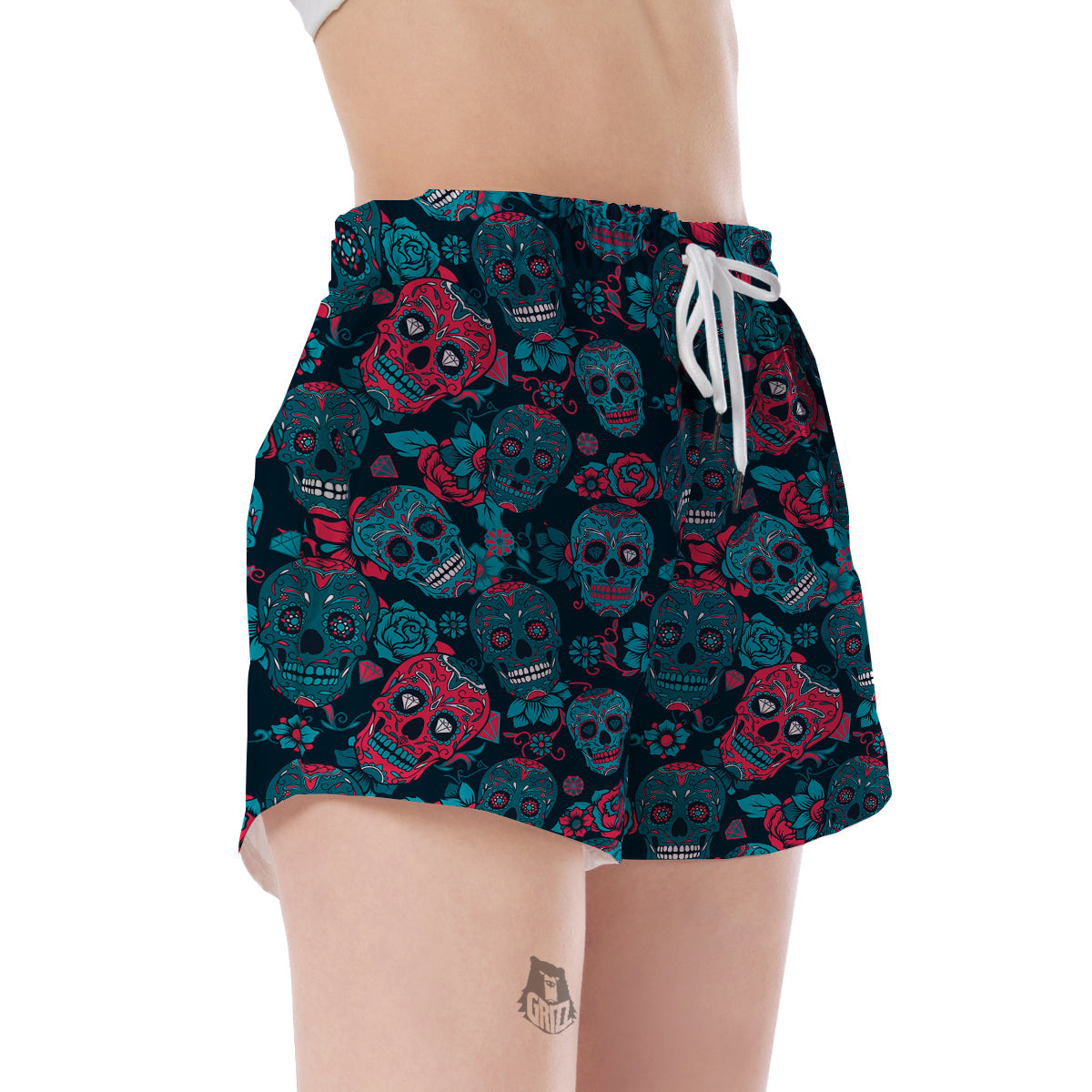 Floral Rose Sugar Skull Skeleton Girly Pattern Print Women's Shorts-grizzshop