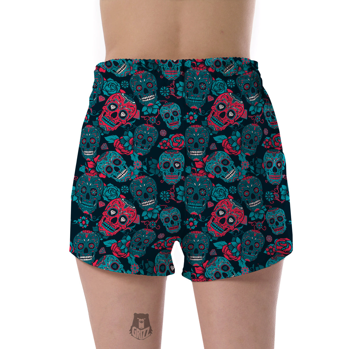 Floral Rose Sugar Skull Skeleton Girly Pattern Print Women's Shorts-grizzshop