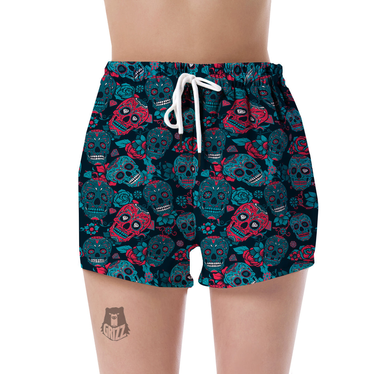 Floral Rose Sugar Skull Skeleton Girly Pattern Print Women's Shorts-grizzshop