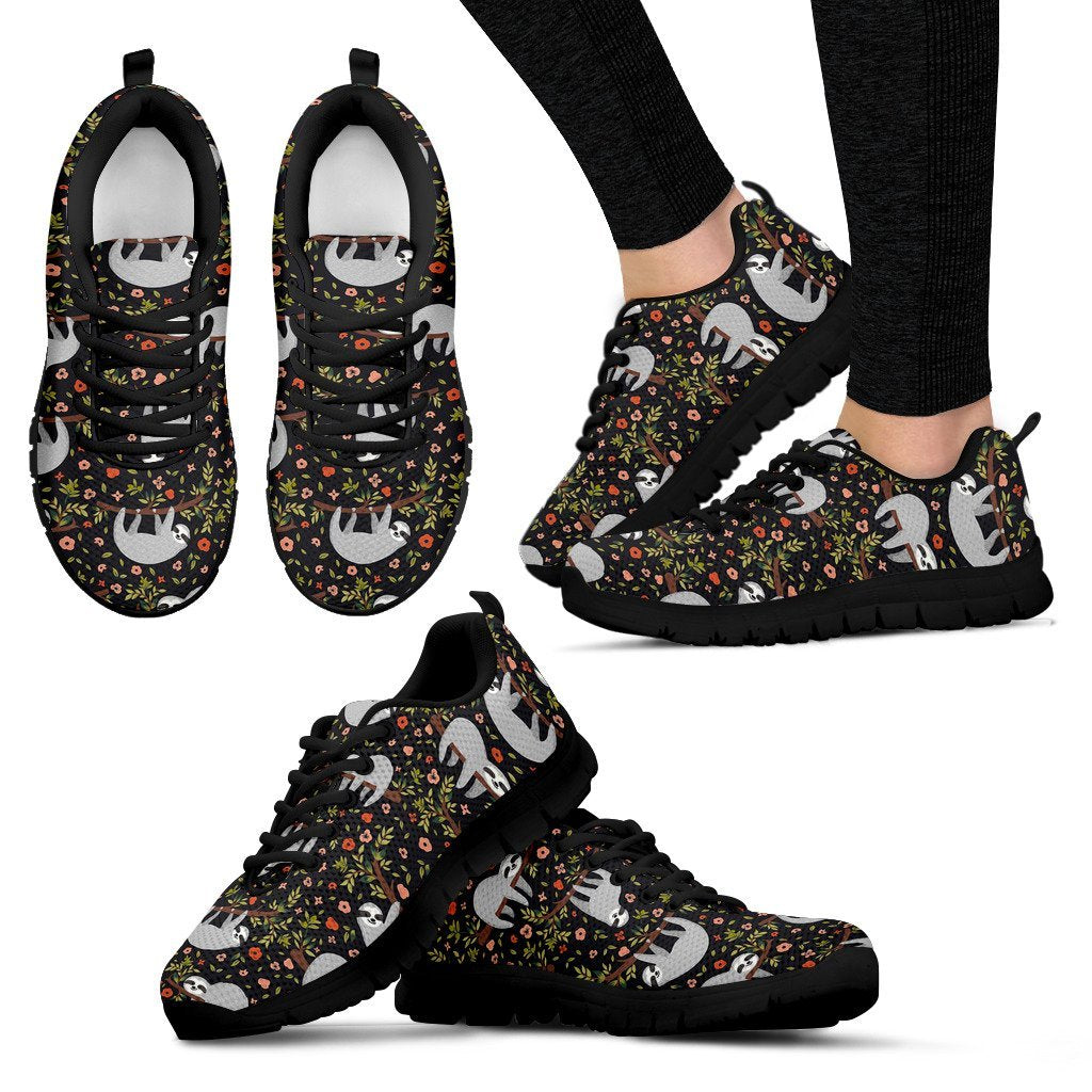 Floral Sloth Pattern Print Black Sneaker Shoes For Men Women-grizzshop