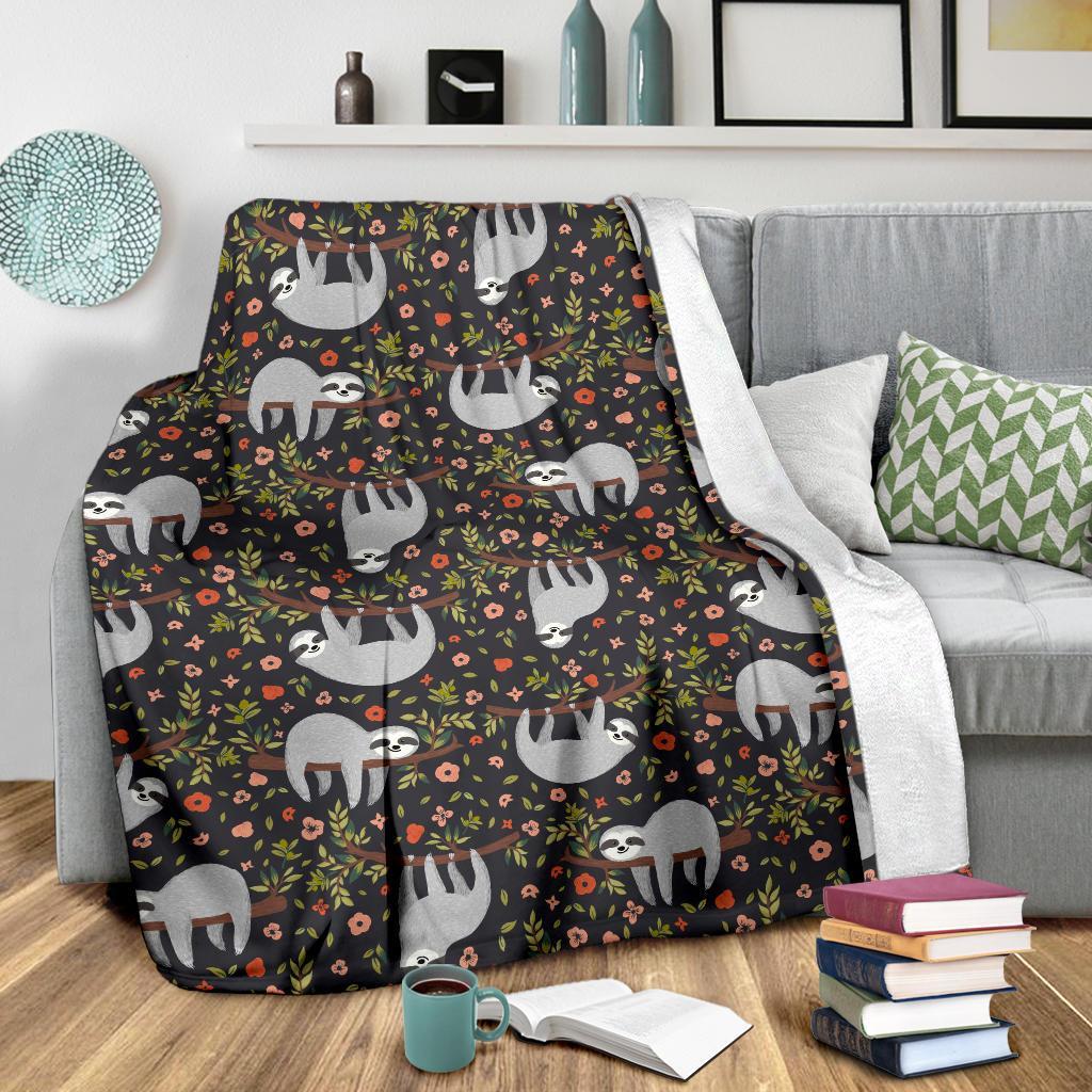 Floral Sloth Pattern Print Blanket-grizzshop