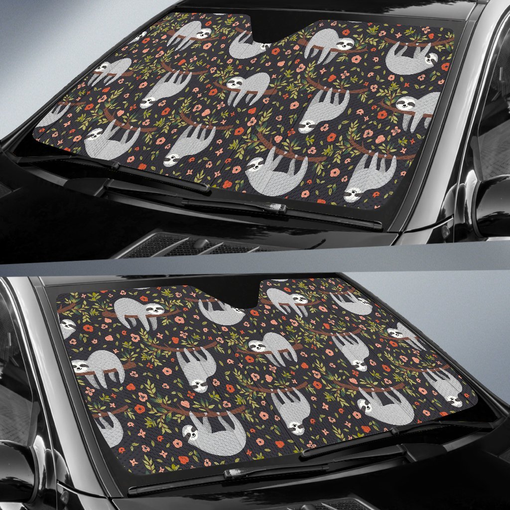 Floral Sloth Pattern Print Car Sun Shade-grizzshop