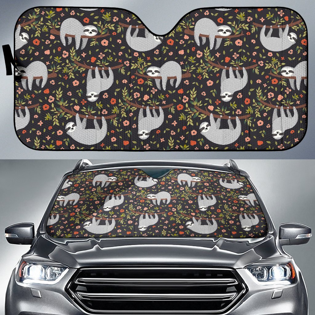 Floral Sloth Pattern Print Car Sun Shade-grizzshop