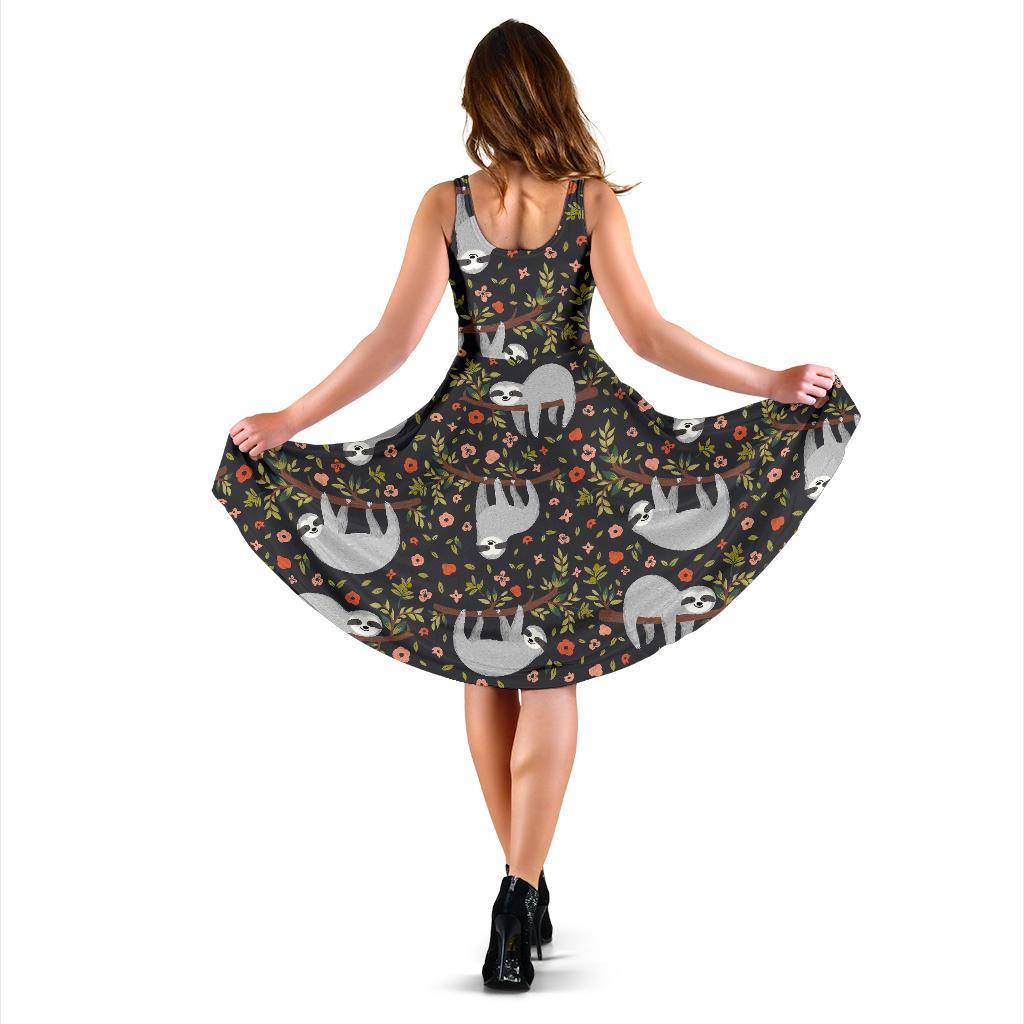 Floral Sloth Pattern Print Dress-grizzshop