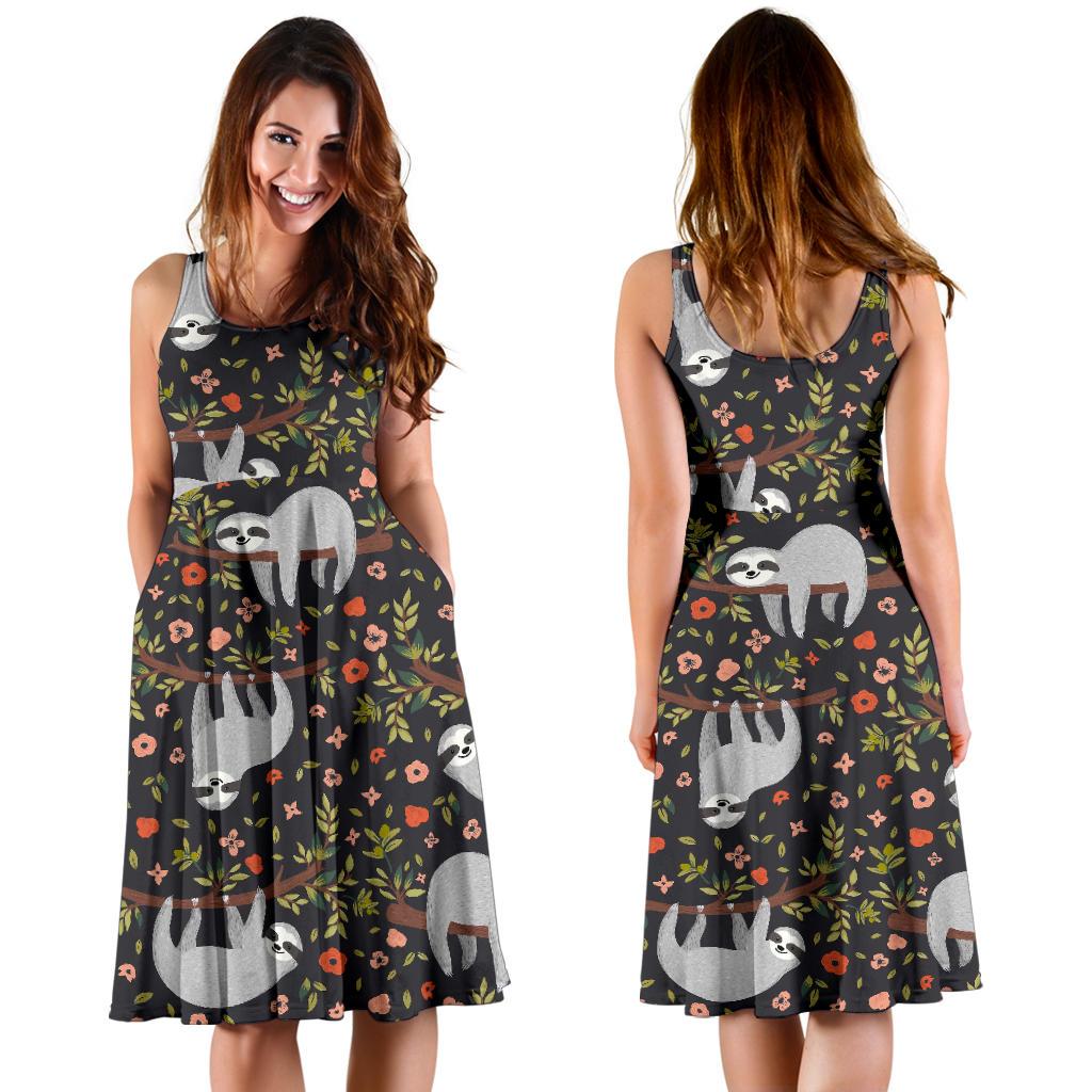 Floral Sloth Pattern Print Dress-grizzshop