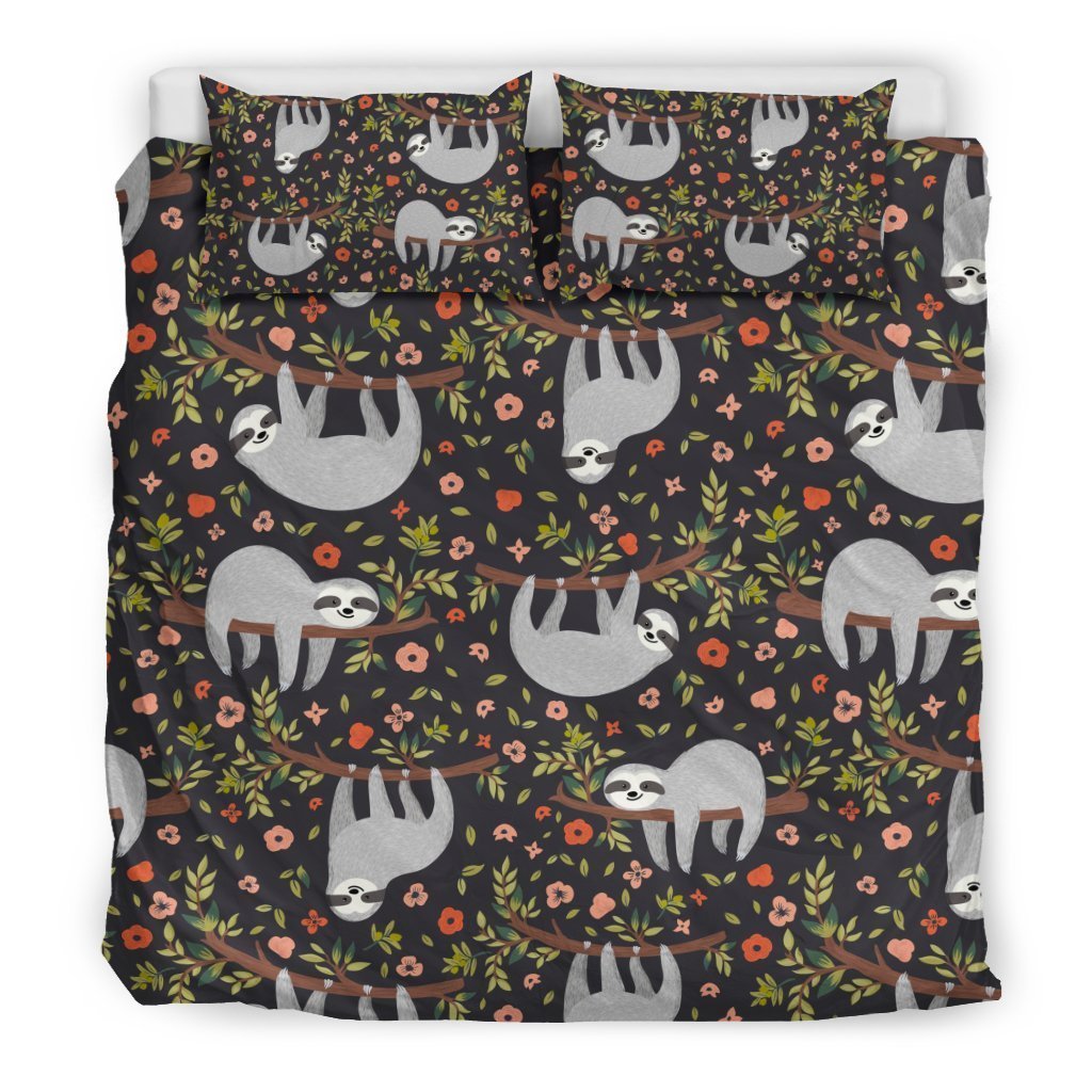 Floral Sloth Pattern Print Duvet Cover Bedding Set-grizzshop