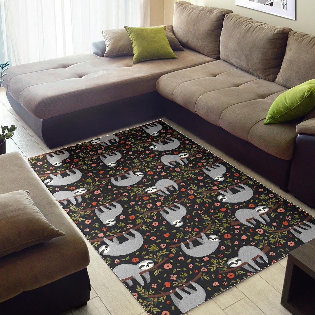 Floral Sloth Pattern Print Floor Mat-grizzshop