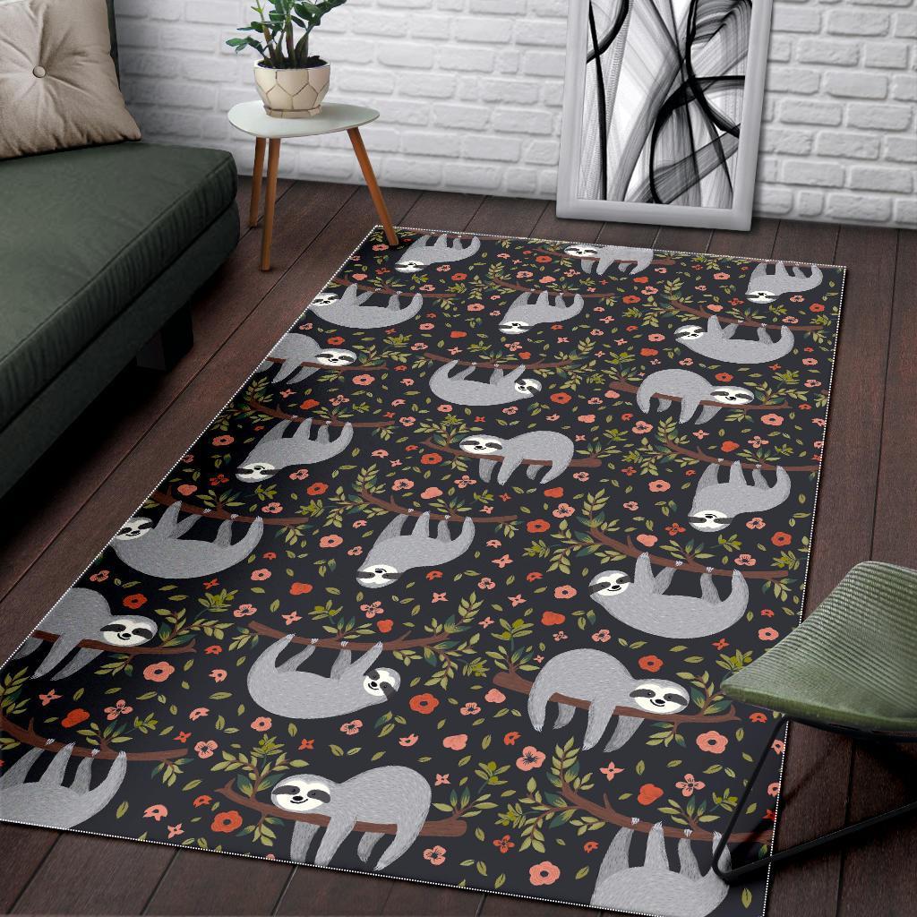 Floral Sloth Pattern Print Floor Mat-grizzshop