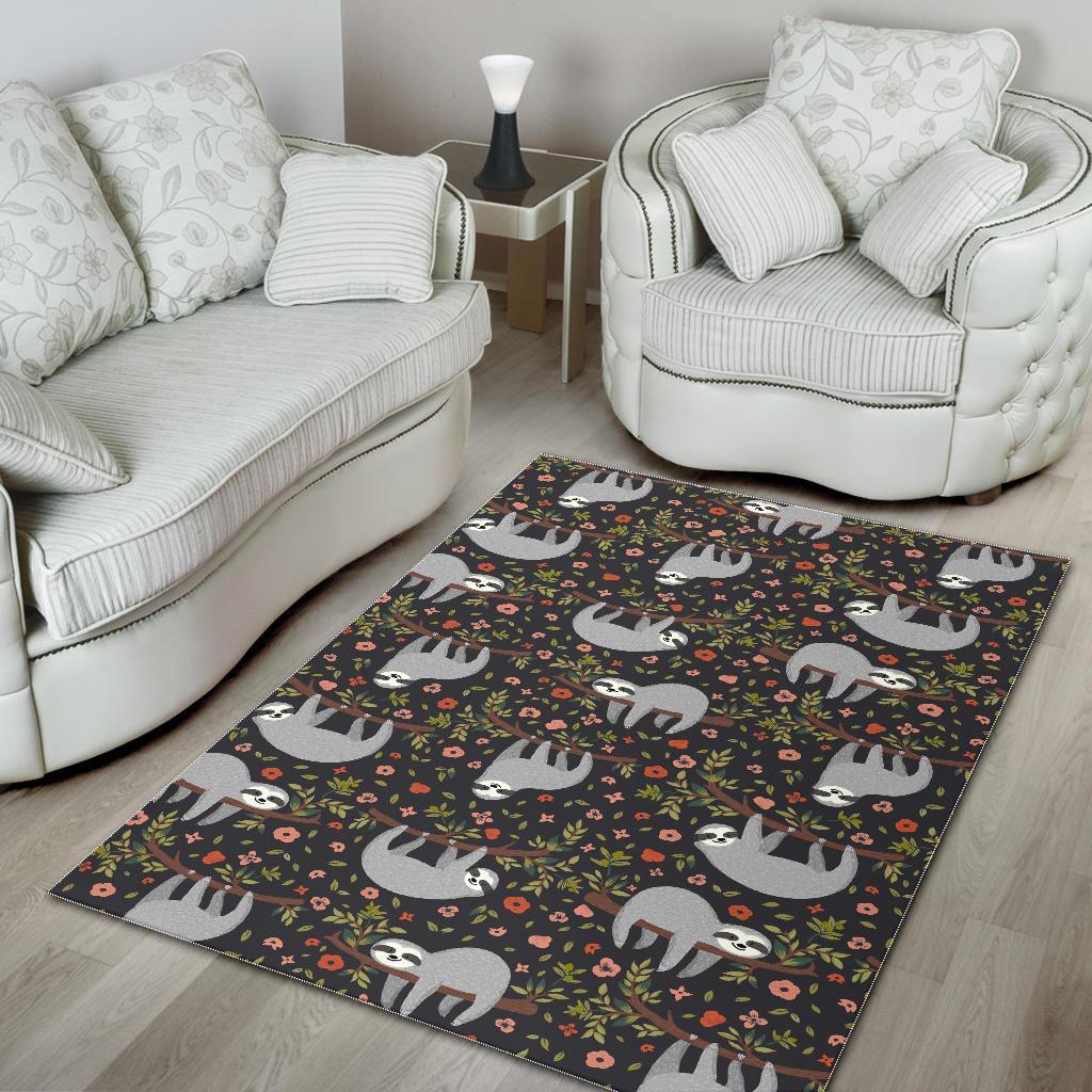 Floral Sloth Pattern Print Floor Mat-grizzshop