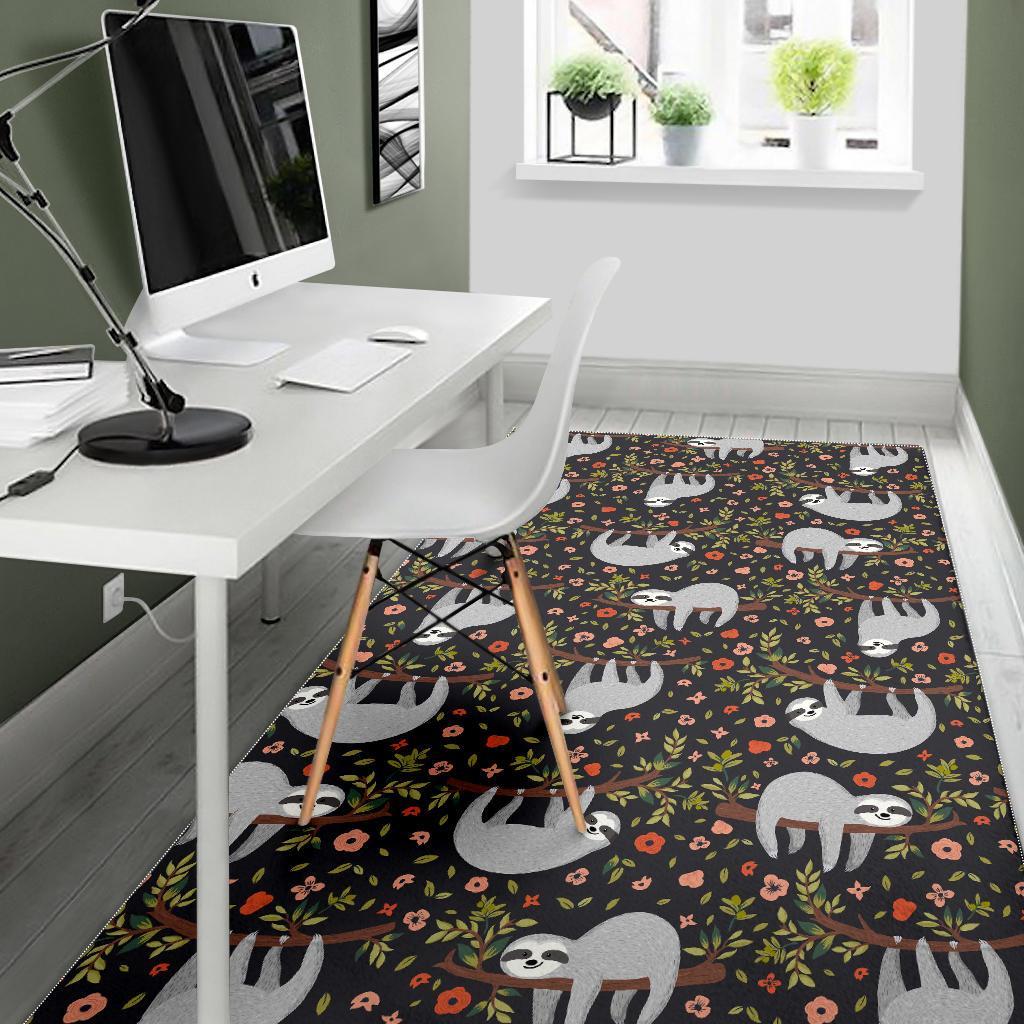 Floral Sloth Pattern Print Floor Mat-grizzshop