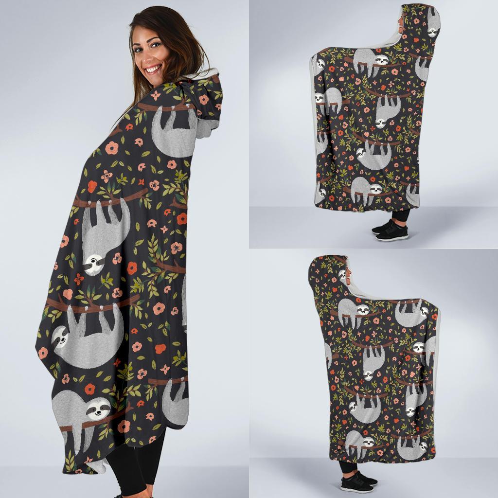 Floral Sloth Pattern Print Hooded Blanket-grizzshop