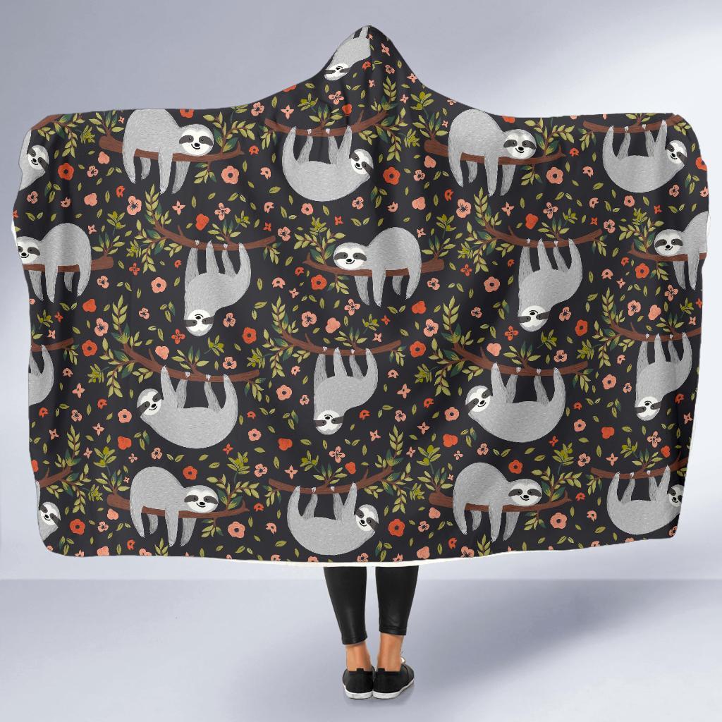 Floral Sloth Pattern Print Hooded Blanket-grizzshop