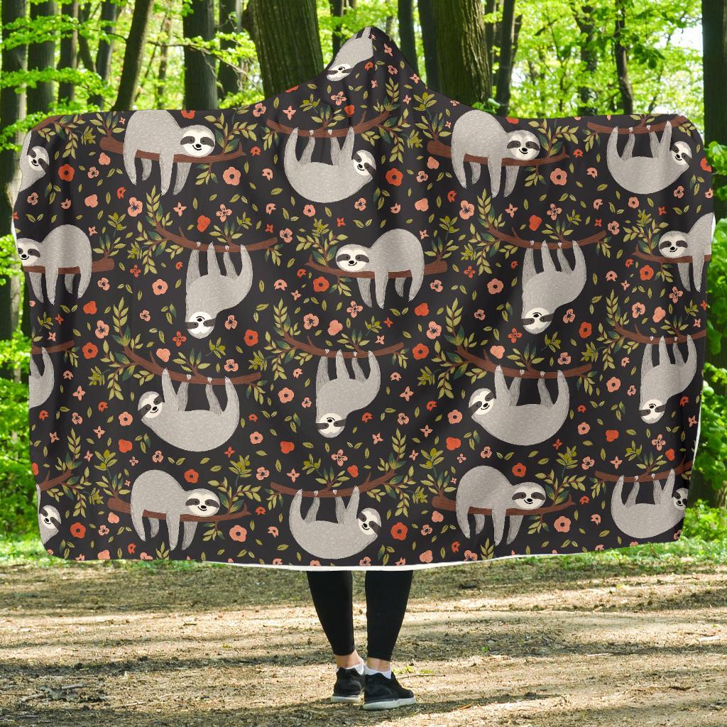 Floral Sloth Pattern Print Hooded Blanket-grizzshop