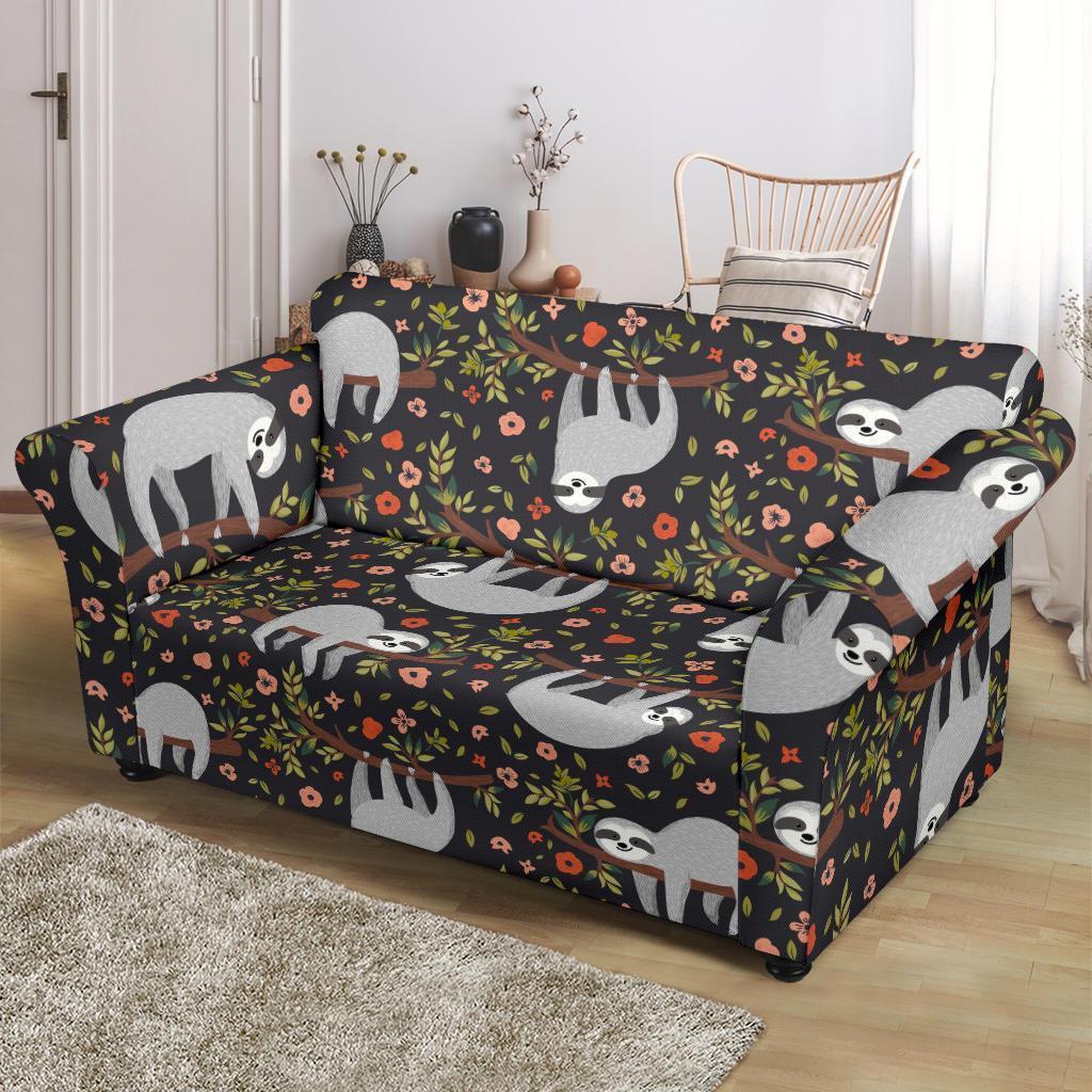 Floral Sloth Pattern Print Loveseat Cover-grizzshop