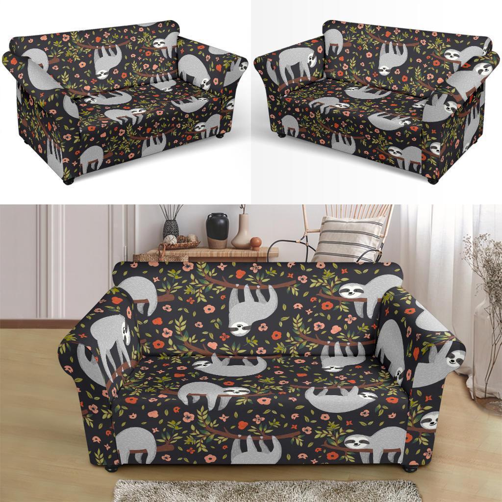 Floral Sloth Pattern Print Loveseat Cover-grizzshop