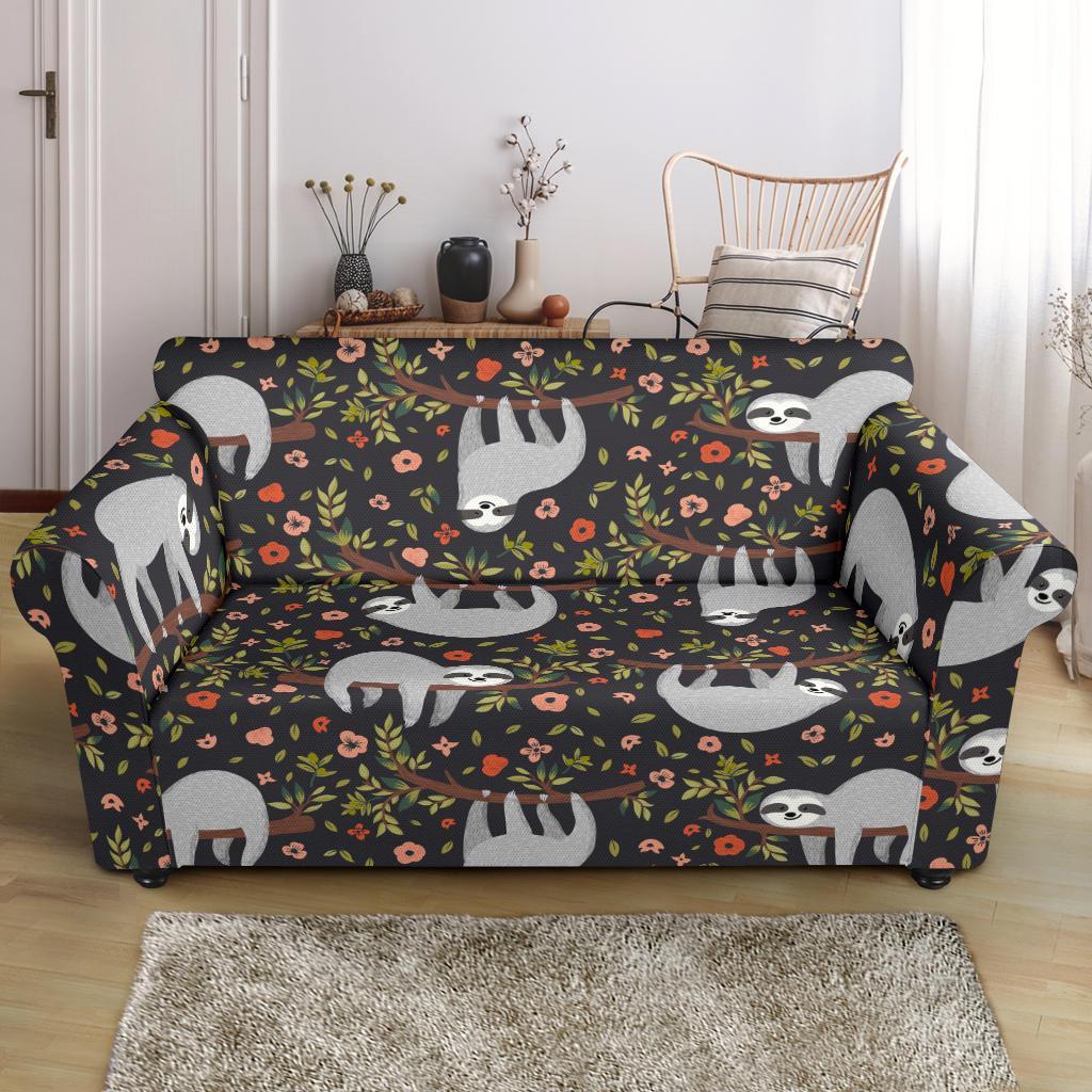 Floral Sloth Pattern Print Loveseat Cover-grizzshop