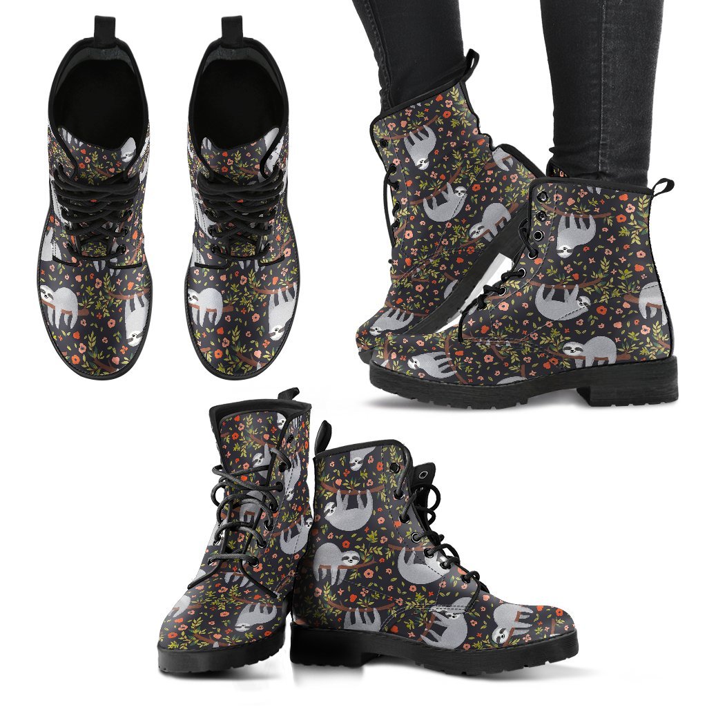 Floral Sloth Pattern Print Men Women Leather Boots-grizzshop