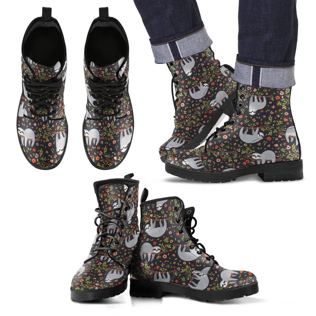 Floral Sloth Pattern Print Men Women Leather Boots-grizzshop