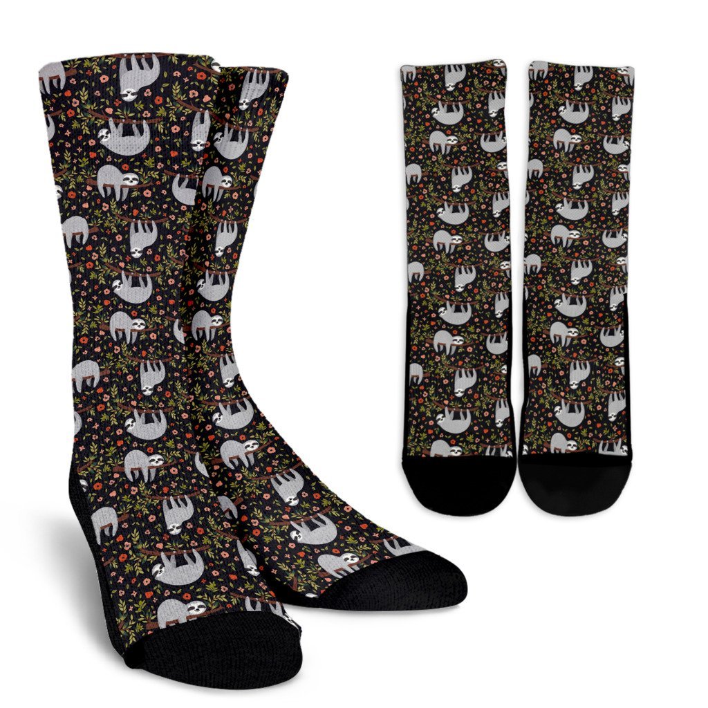 Floral Sloth Pattern Print Unisex Crew Socks-grizzshop