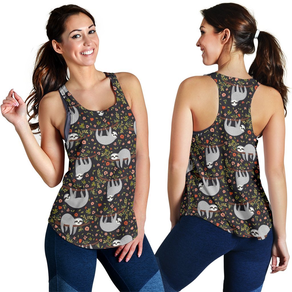 Floral Sloth Pattern Print Women's Racerback Tank Tops-grizzshop