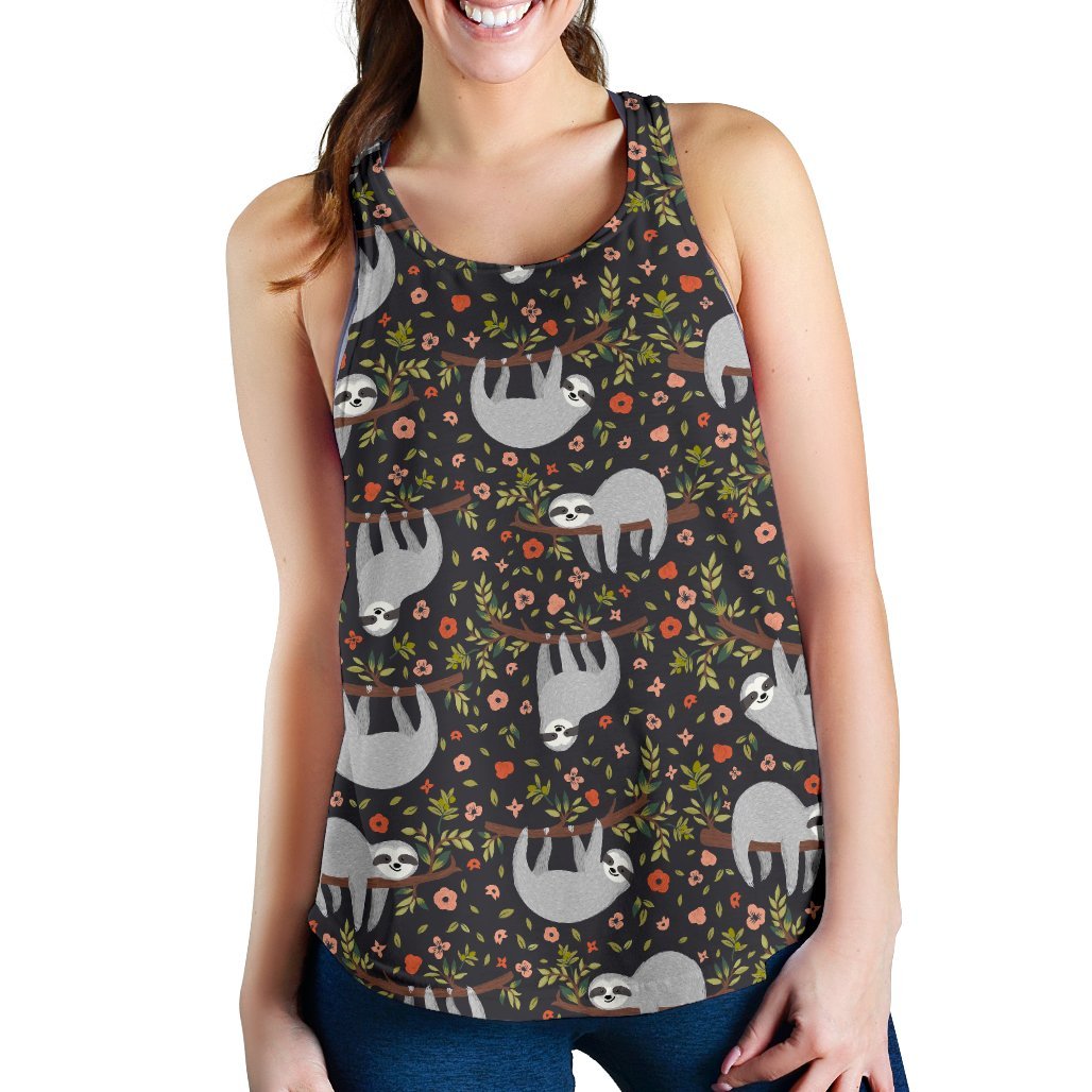 Floral Sloth Pattern Print Women's Racerback Tank Tops-grizzshop