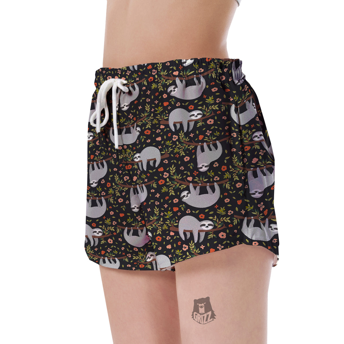 Floral Sloth Pattern Print Women's Shorts-grizzshop