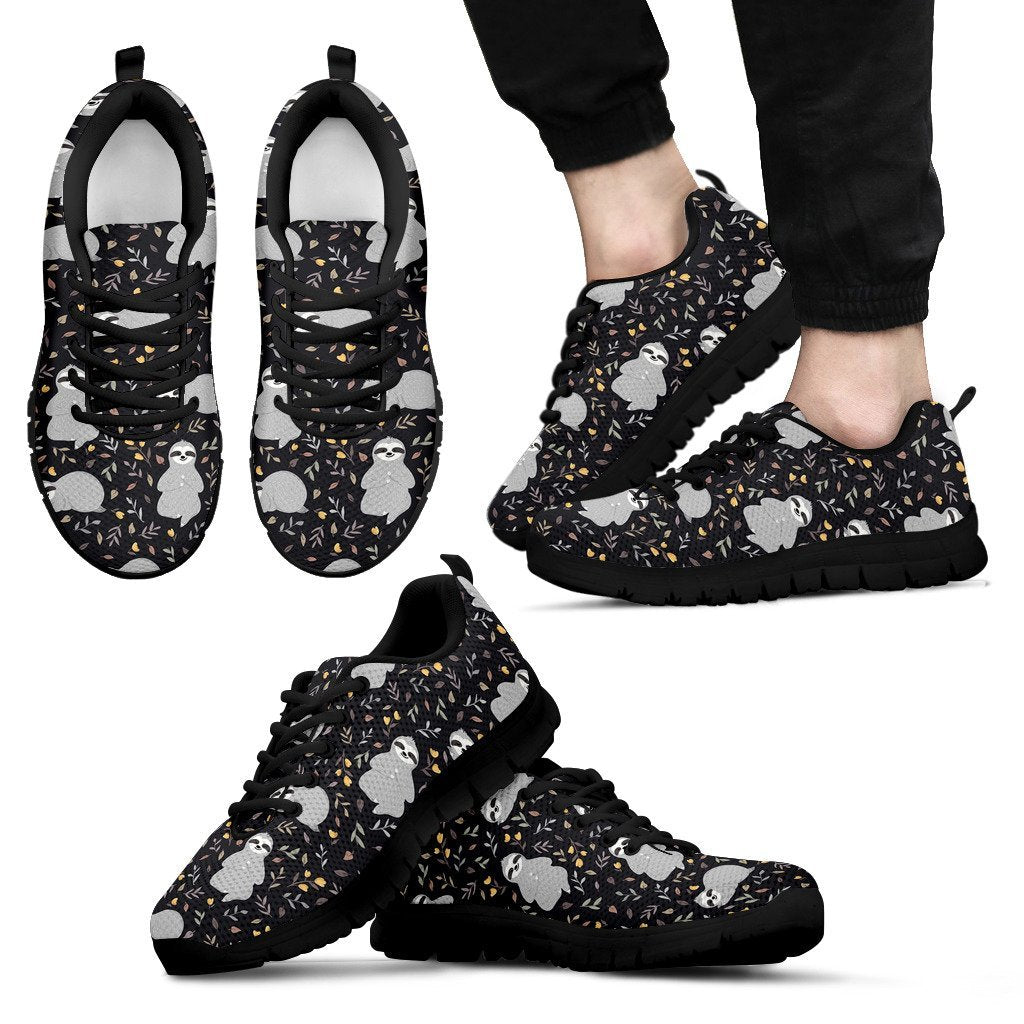 Floral Sloth Print Pattern Black Sneaker Shoes For Men Women-grizzshop