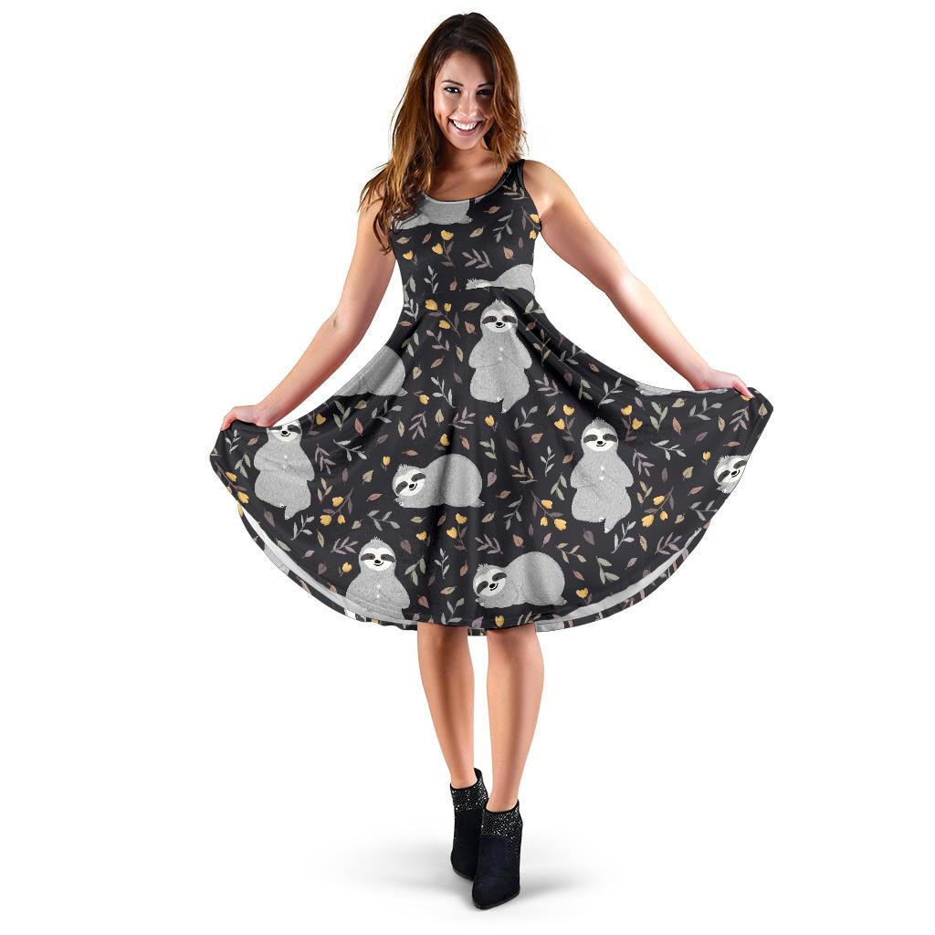 Floral Sloth Print Pattern Dress-grizzshop