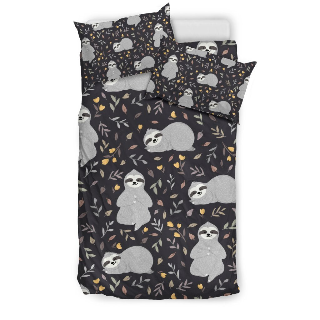 Floral Sloth Print Pattern Duvet Cover Bedding Set-grizzshop