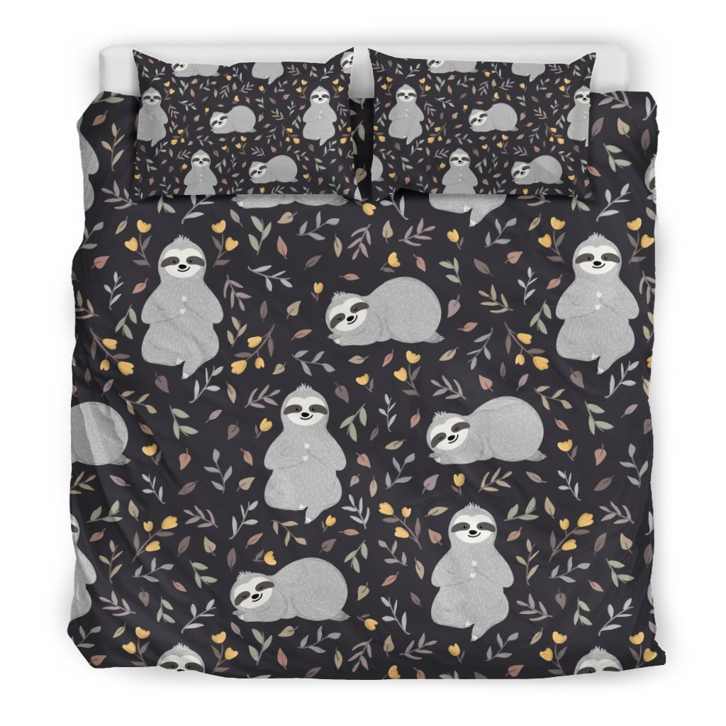 Floral Sloth Print Pattern Duvet Cover Bedding Set-grizzshop