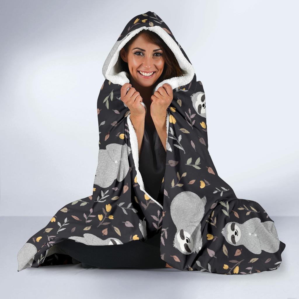 Floral Sloth Print Pattern Hooded Blanket-grizzshop