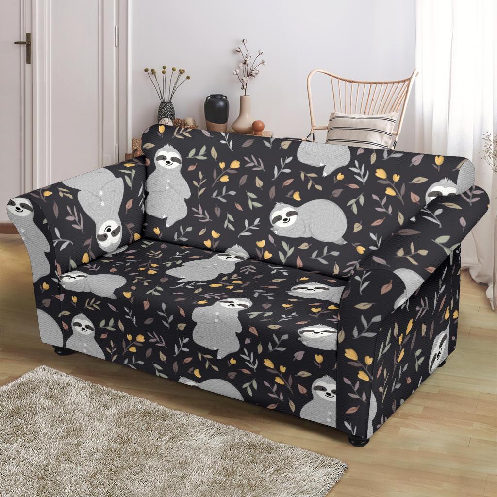 Floral Sloth Print Pattern Loveseat Cover-grizzshop