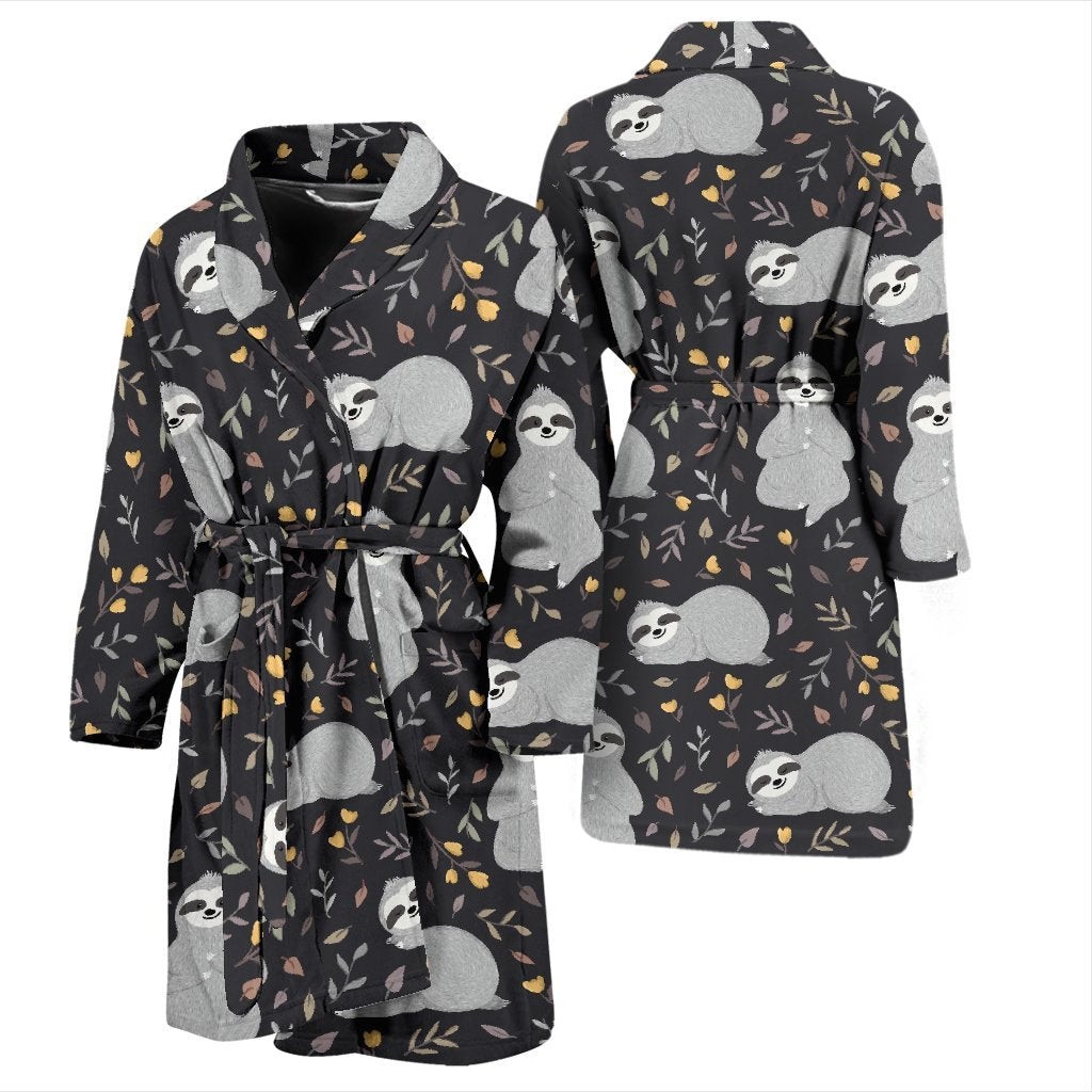 Floral Sloth Print Pattern Men Long Robe-grizzshop