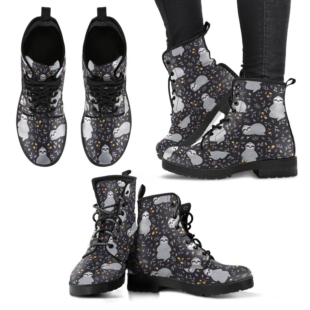 Floral Sloth Print Pattern Men Women Leather Boots-grizzshop