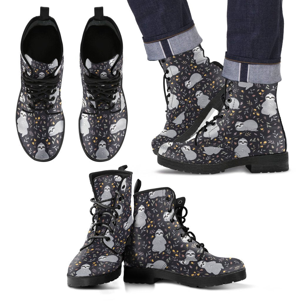 Floral Sloth Print Pattern Men Women Leather Boots-grizzshop