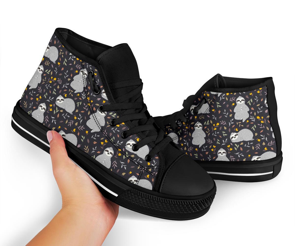 Floral Sloth Print Pattern Men Women's High Top Shoes-grizzshop