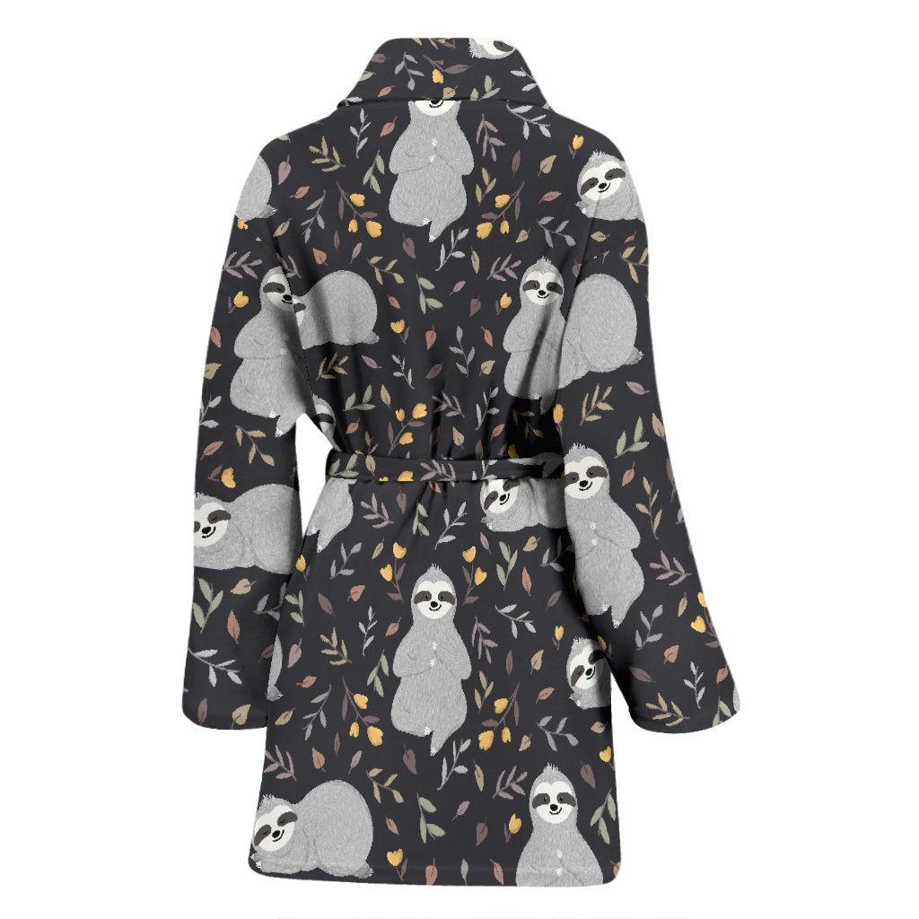 Floral Sloth Print Pattern Print Women Long Robe-grizzshop