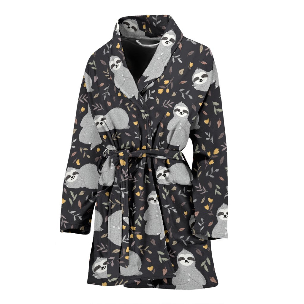 Floral Sloth Print Pattern Print Women Long Robe-grizzshop