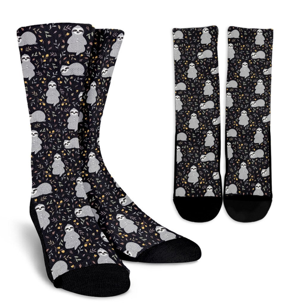 Floral Sloth Print Pattern Unisex Crew Socks-grizzshop