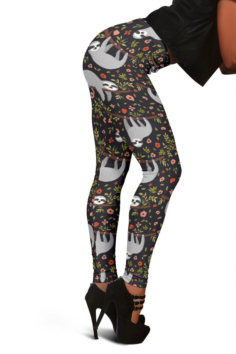 Floral Sloth Print Pattern Women Leggings-grizzshop