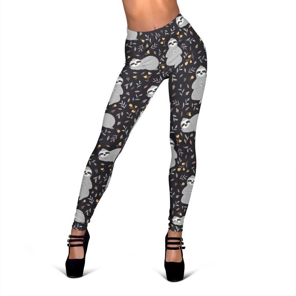 Floral Sloth Print Pattern Women Leggings-grizzshop