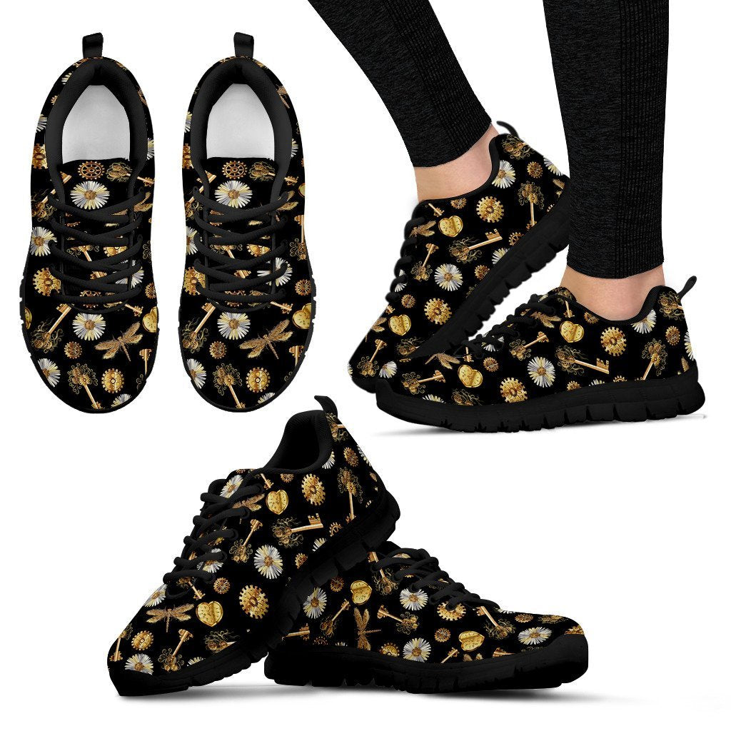Floral Steampunk Pattern Print Black Sneaker Shoes For Men Women-grizzshop