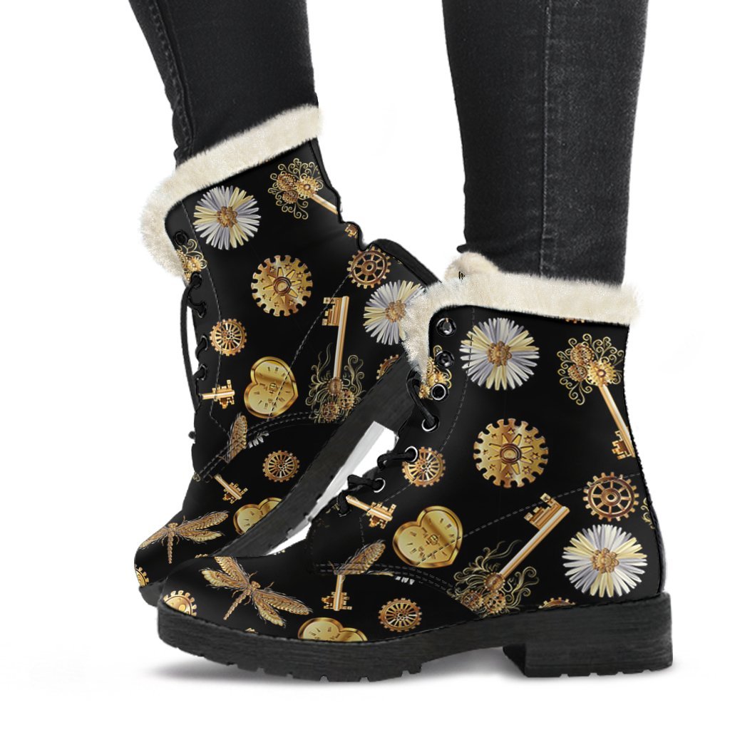 Floral Steampunk Pattern Print Comfy Winter Boots-grizzshop