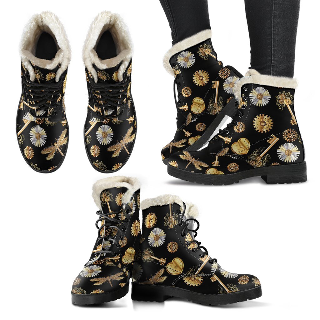 Floral Steampunk Pattern Print Comfy Winter Boots-grizzshop